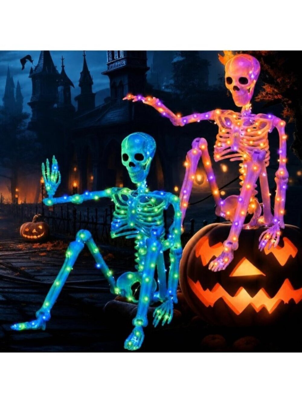 36" Halloween Skeleton 2 Pack with Eyes (Blue & Green Light) Outdoor Decor
